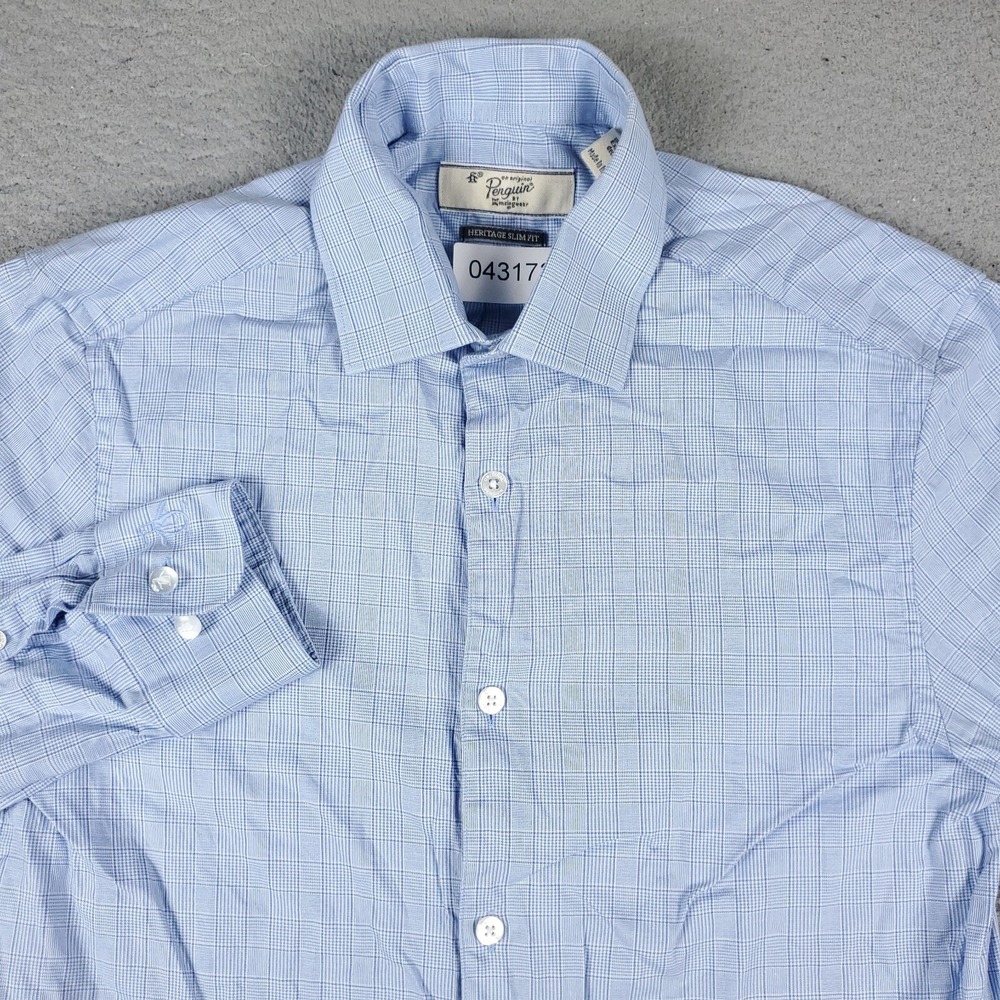 Penguin Mens 14.5 Blue Plaid Dress Shirt Button Up Long Sleeve Heritage Slim Fit
